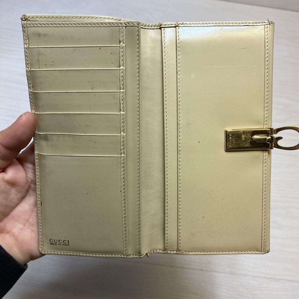 Gucci Bi-Fold Long Womens Wallet GG Monogram Authentic Beige W Gold Clasp - Picture 11 of 16